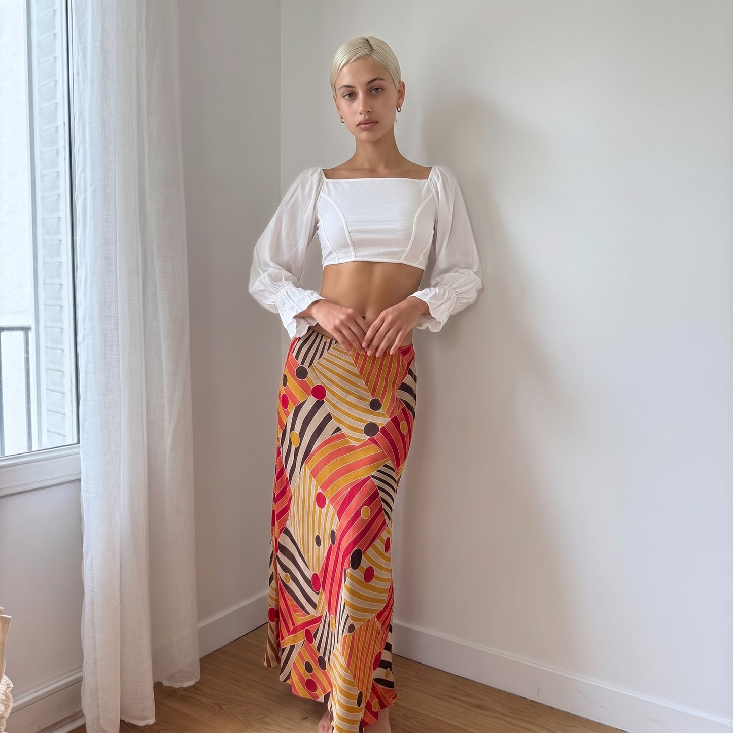 Vintage White Cotton Puff Sleeve Crop Top Square Neck Italian Y2K (S/M)