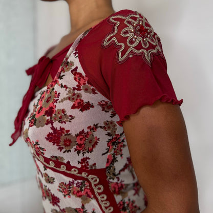 Italian vintage Y2K burgundy floral mesh top with beaded embroidered sleeves and tie-front neckline