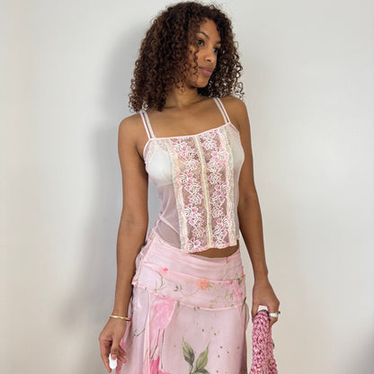 Italian vintage sheer blush mesh cami with pink floral lace panels (S)