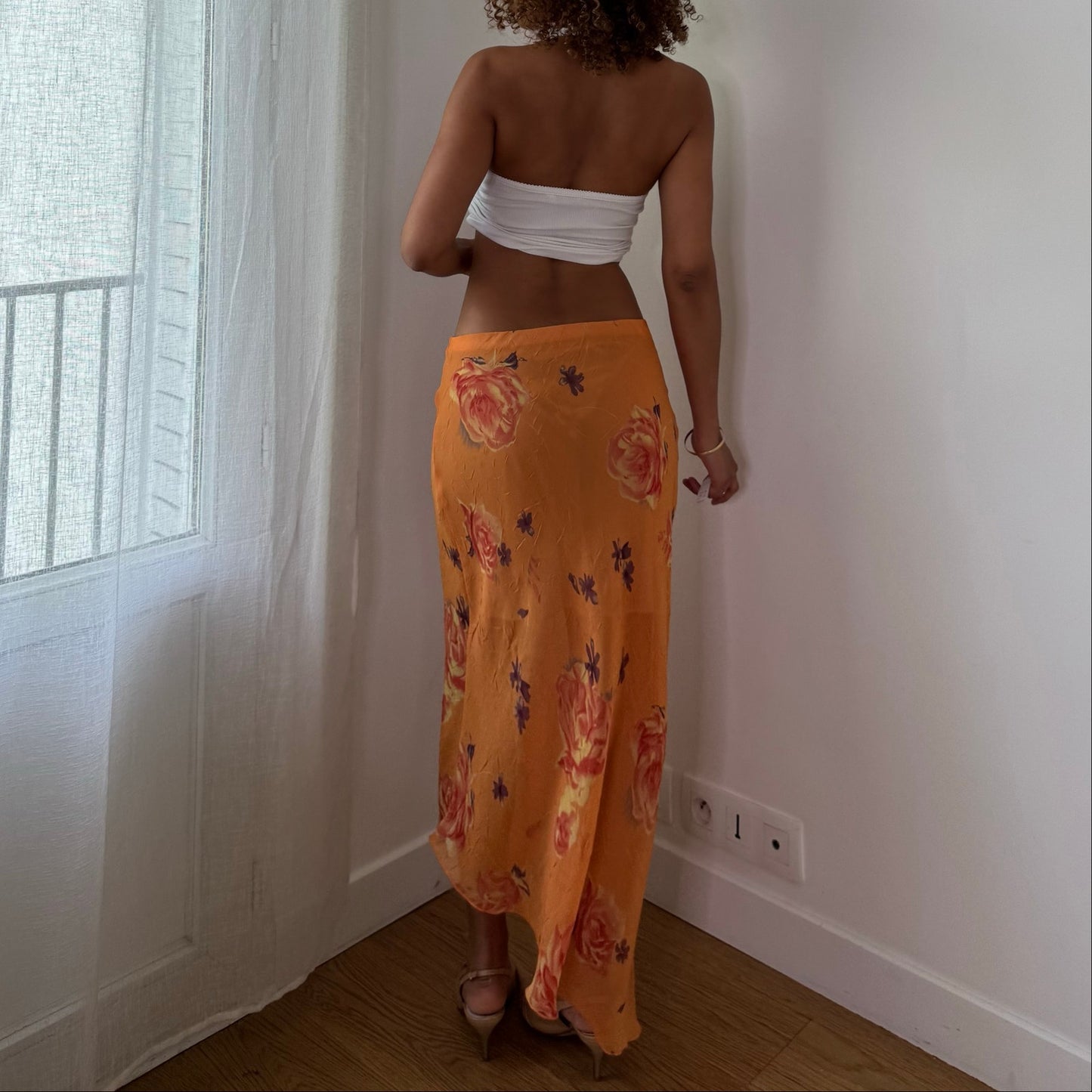 Vintage Orange Floral Mesh Maxi Skirt Sheer Double Layer Italian Y2K (S)
