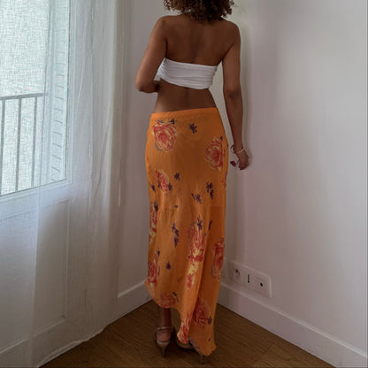 Vintage Orange Floral Mesh Maxi Skirt Sheer Double Layer Italian Y2K (S)
