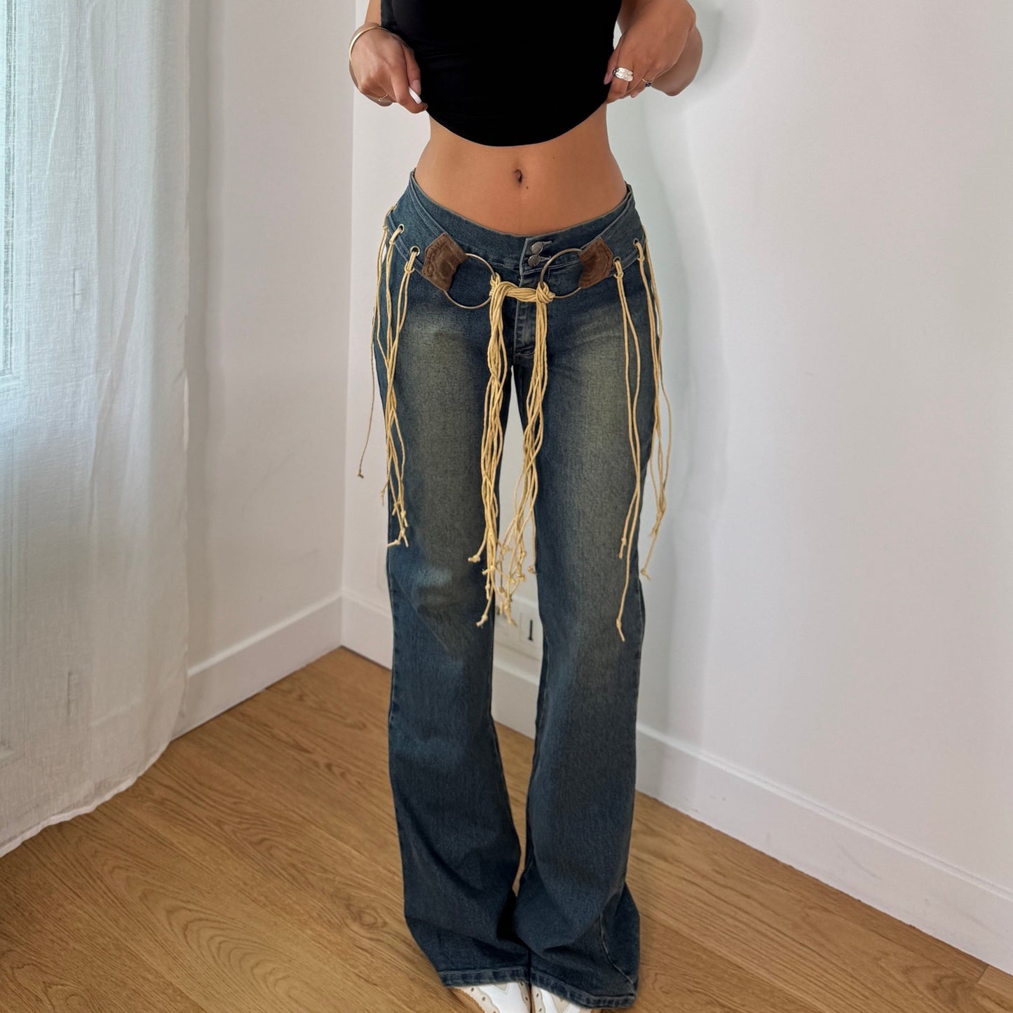 Vintage Low Rise Fringe Jeans Y2K Western Boho Denim (S) ⠀