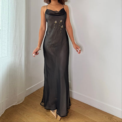 Vintage Grey Black Sheer Mesh Floral Maxi Dress Skirt Italian Y2K (S)