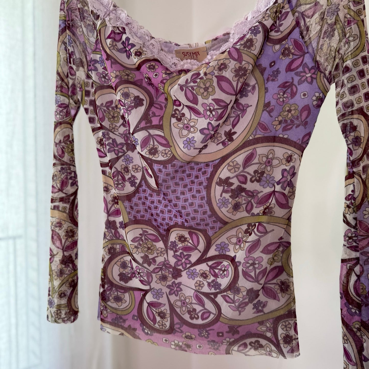 Vintage Purple Pink Paisley Floral Off Shoulder Mesh Top Y2K (M/L)