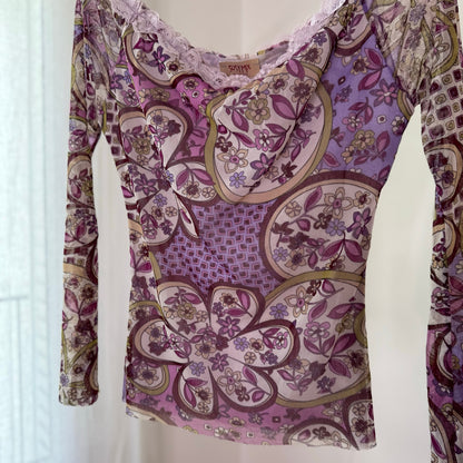 Vintage Purple Pink Paisley Floral Off Shoulder Mesh Top Y2K (M/L)