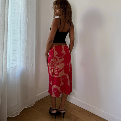 E-Play Italian Vintage Red Beige Portrait Face Print Midi Skirt