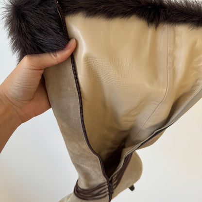 Vintage Italian Suede Knee High Boots Fur Trim Handmade (EU 38 / US 8)