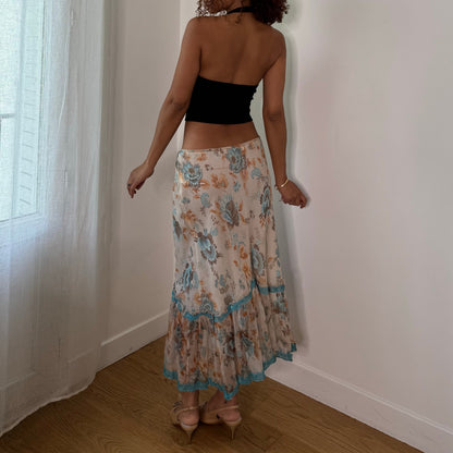 Vintage Silk Floral Mesh Ruffle Midi Skirt Italian Y2K (S)