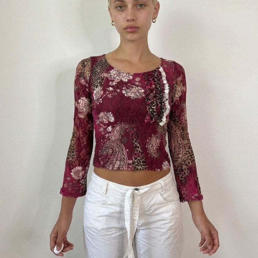 Vintage French Burgundy Cheetah Floral Lace Mesh Top Y2K (S)