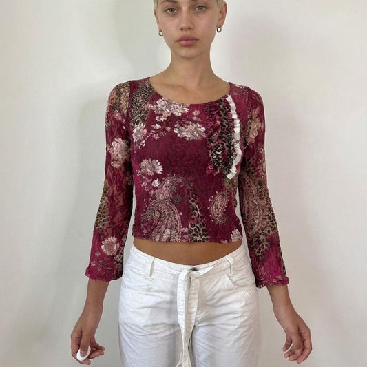 Vintage French Burgundy Cheetah Floral Lace Mesh Top Y2K (S)