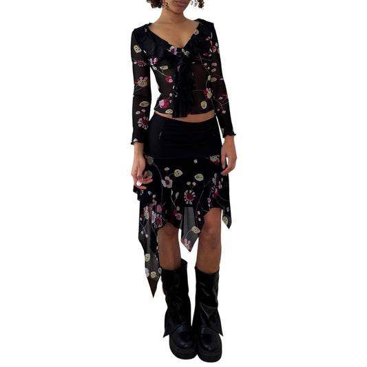 Vintage Y2K Italian Mesh Floral Two-Piece Set Black Top & Handkerchief Skirt (S)