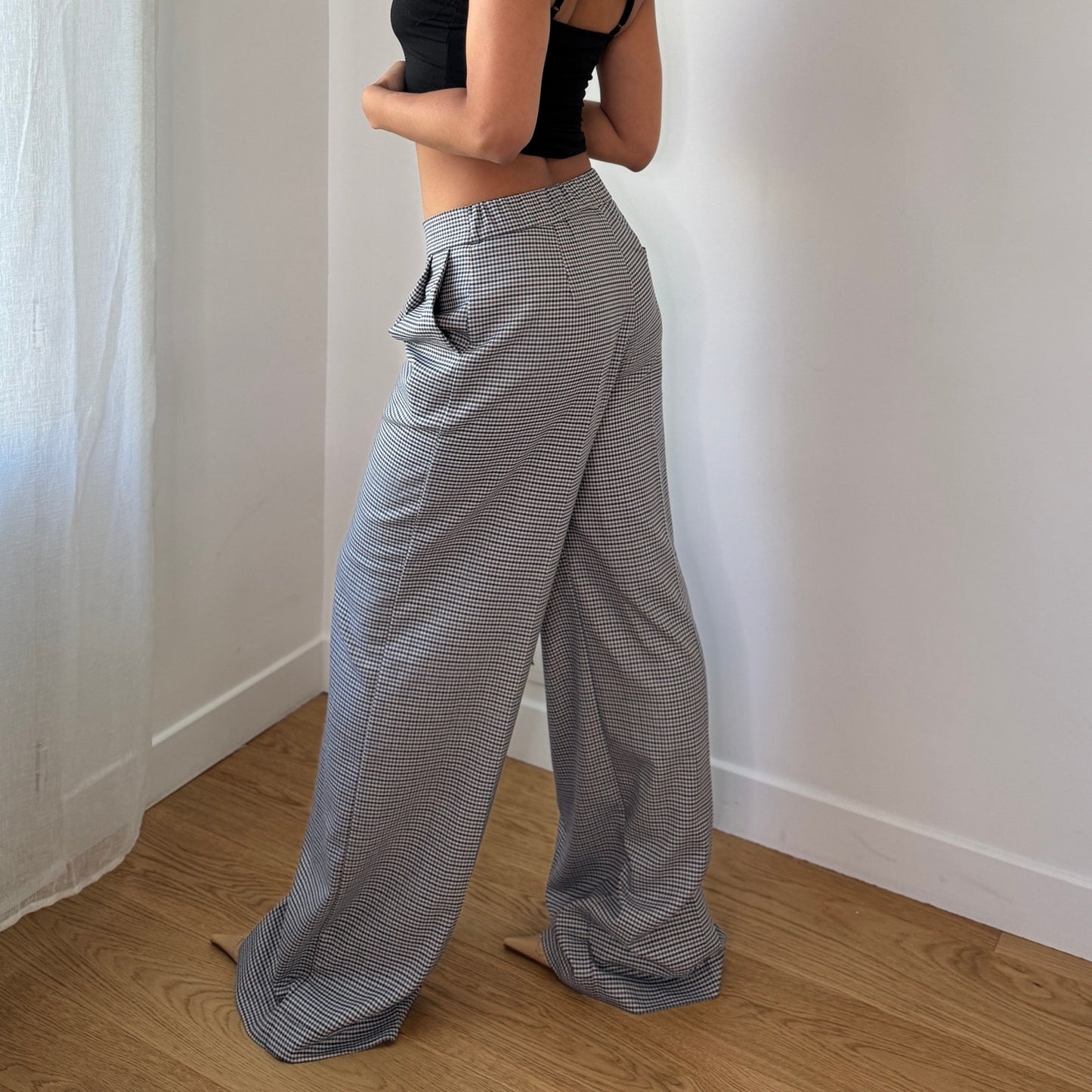 Vintage Blue White Houndstooth Wide Leg Trousers Mid Rise Italy Y2K (S)