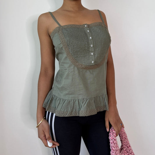 Vintage Sage Green Cotton Cami Top Lace Trim Italian Cottagecore Top (S/M)
