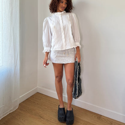 Vintage White Cotton Pointelle Blouse Ruffle Collar 90s (S/M)