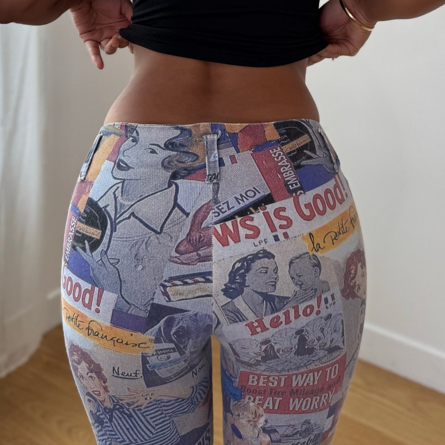 Vintage Blue Red Graphic Print Pants French Y2K Newspaper Collage (XS/S)