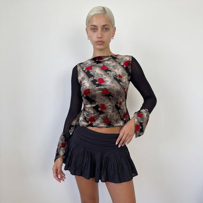 Vintage Italian Gold Red Brocade Mesh Top Floral Y2K (S)