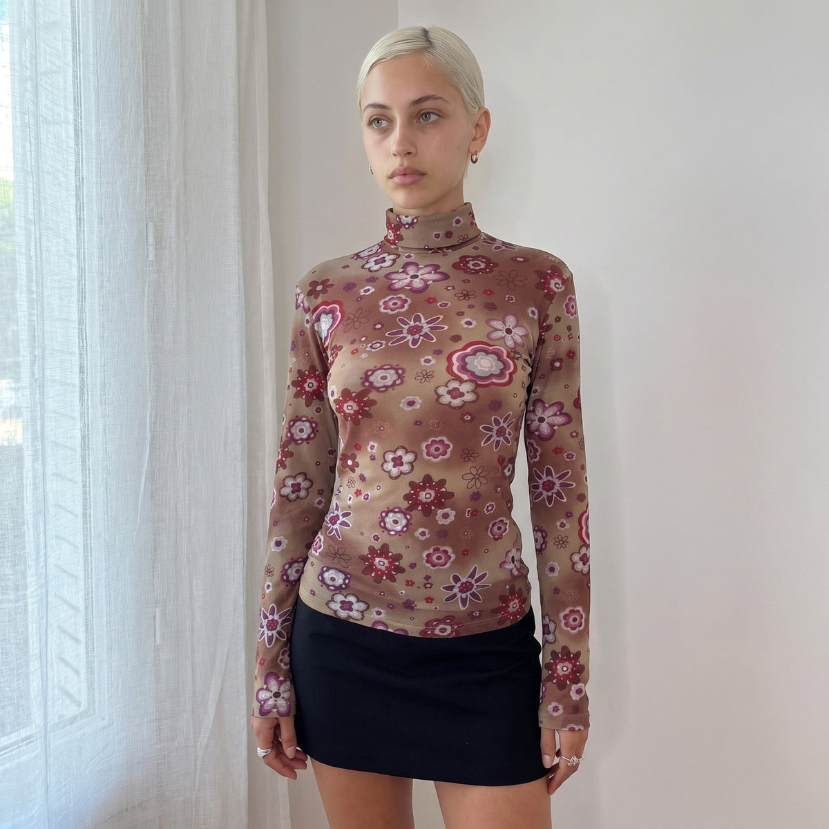 Vintage Euro Brown Floral Semi Sheer Mesh Turtleneck (M)