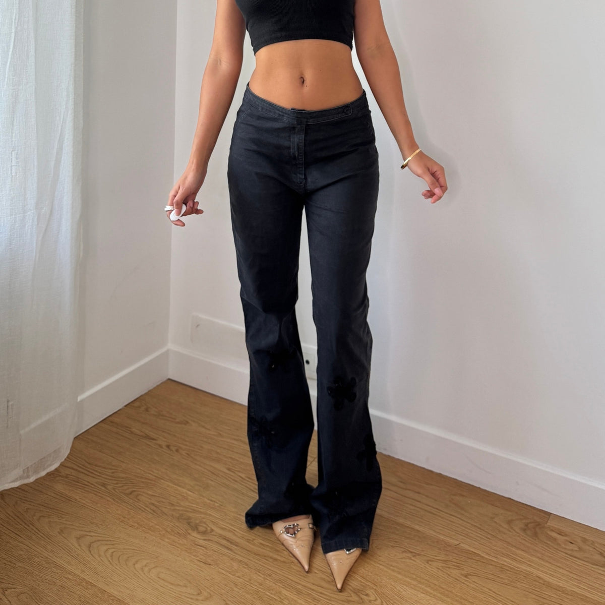 Vintage Black Denim Bootcut Jeans Floral Embroidered Roccobarocco Italy Y2K (S)