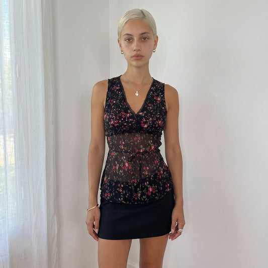 Vintage Black Pink Floral Sheer Mesh Sequin Top (S)