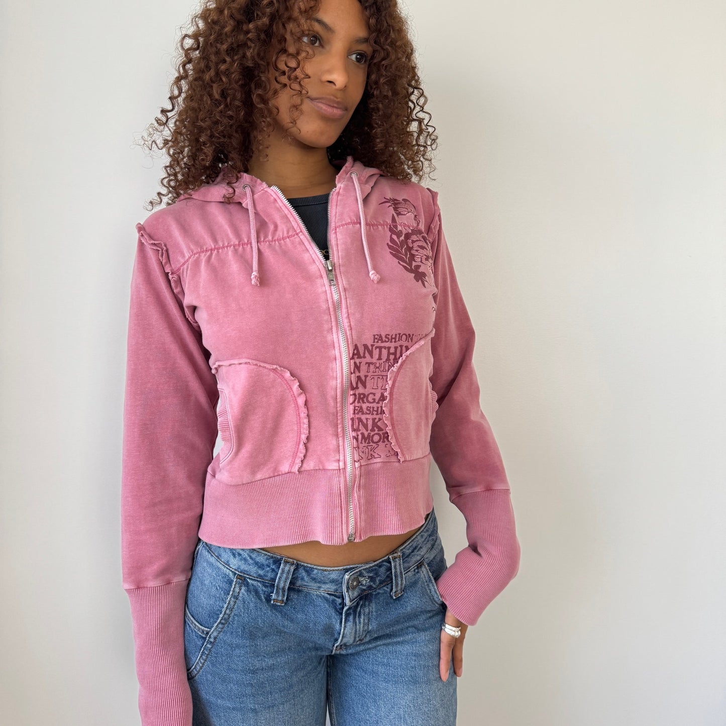Vintage Morgan de Toi pink zip-up hoodie with graphic print & raw-edge details S