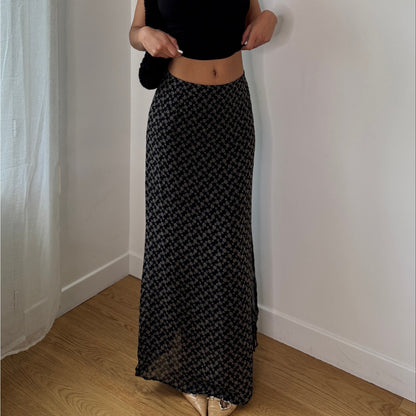 Vintage Black Beige Micro Floral Mesh Maxi Skirt Italian Y2K Skirt (S) ⠀