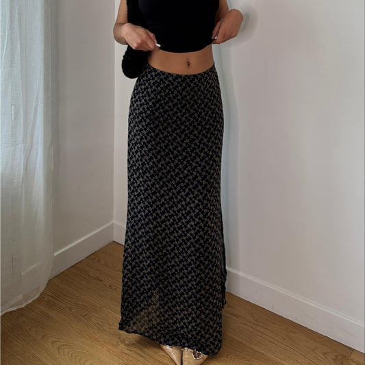 Vintage Black Beige Micro Floral Mesh Maxi Skirt Italian Y2K Skirt (S) ⠀