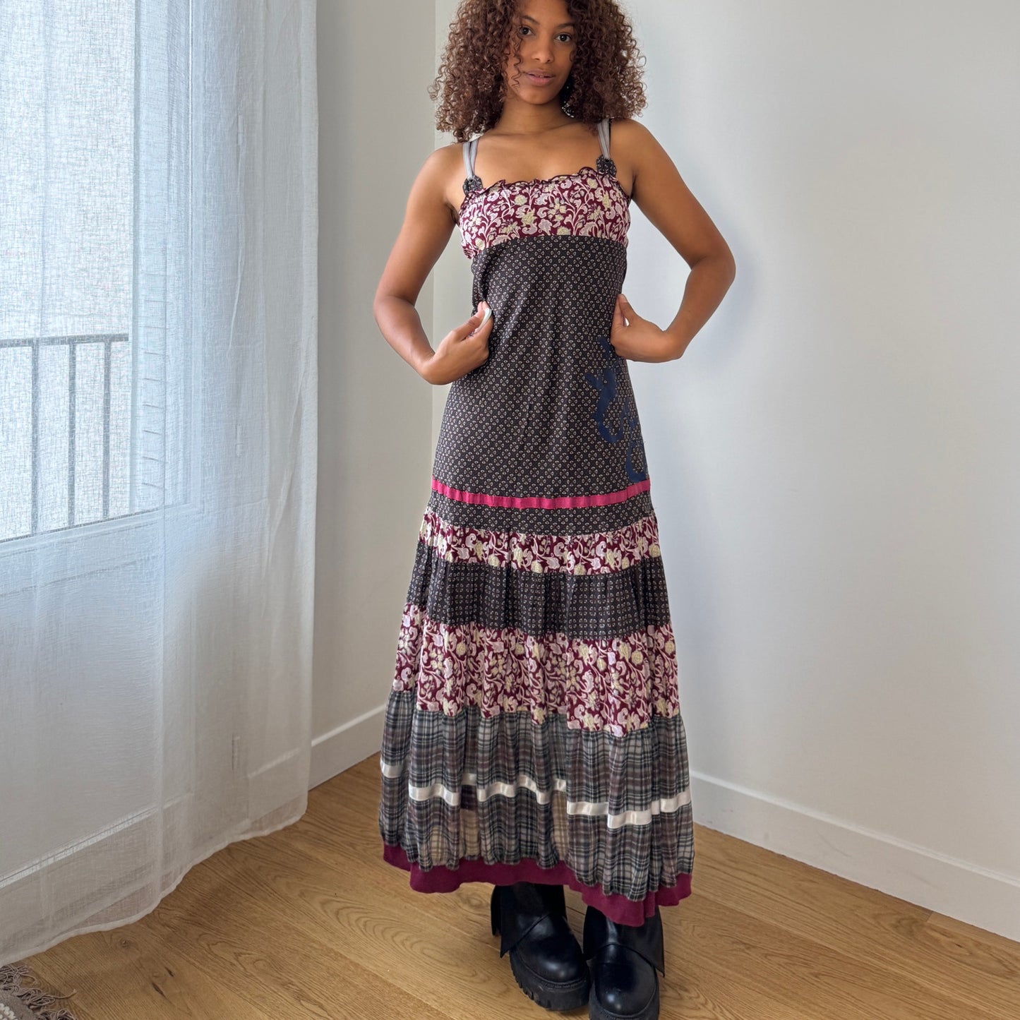 Vintage Cop Copine patchwork print cotton maxi dress with cross back (Small)