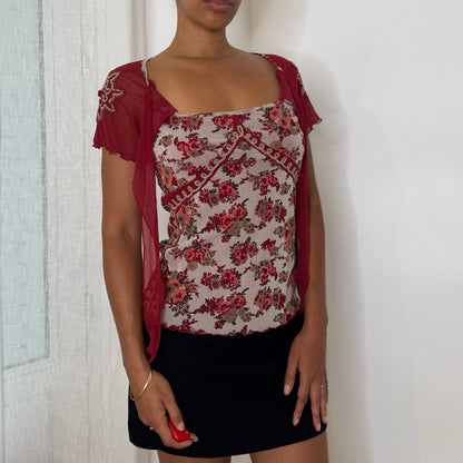 Italian vintage Y2K burgundy floral mesh top with beaded embroidered sleeves and tie-front neckline