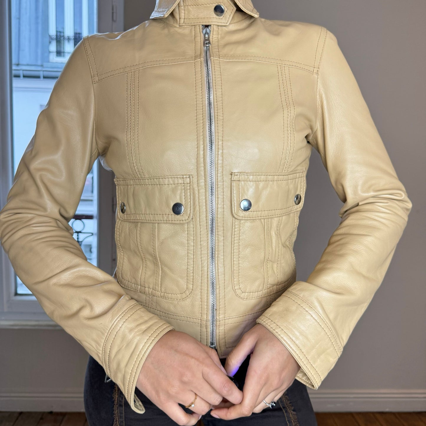 Vintage Butter Soft Zip Front Beige Moto Leather Jacket (XS/S)