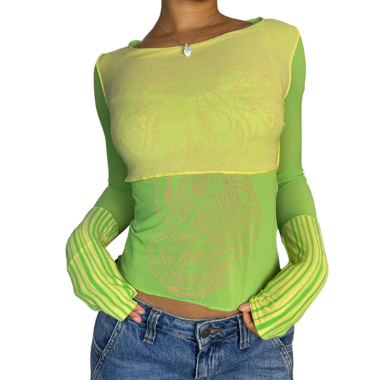 Vintage green & yellow abstract graphic mesh long sleeves (S)