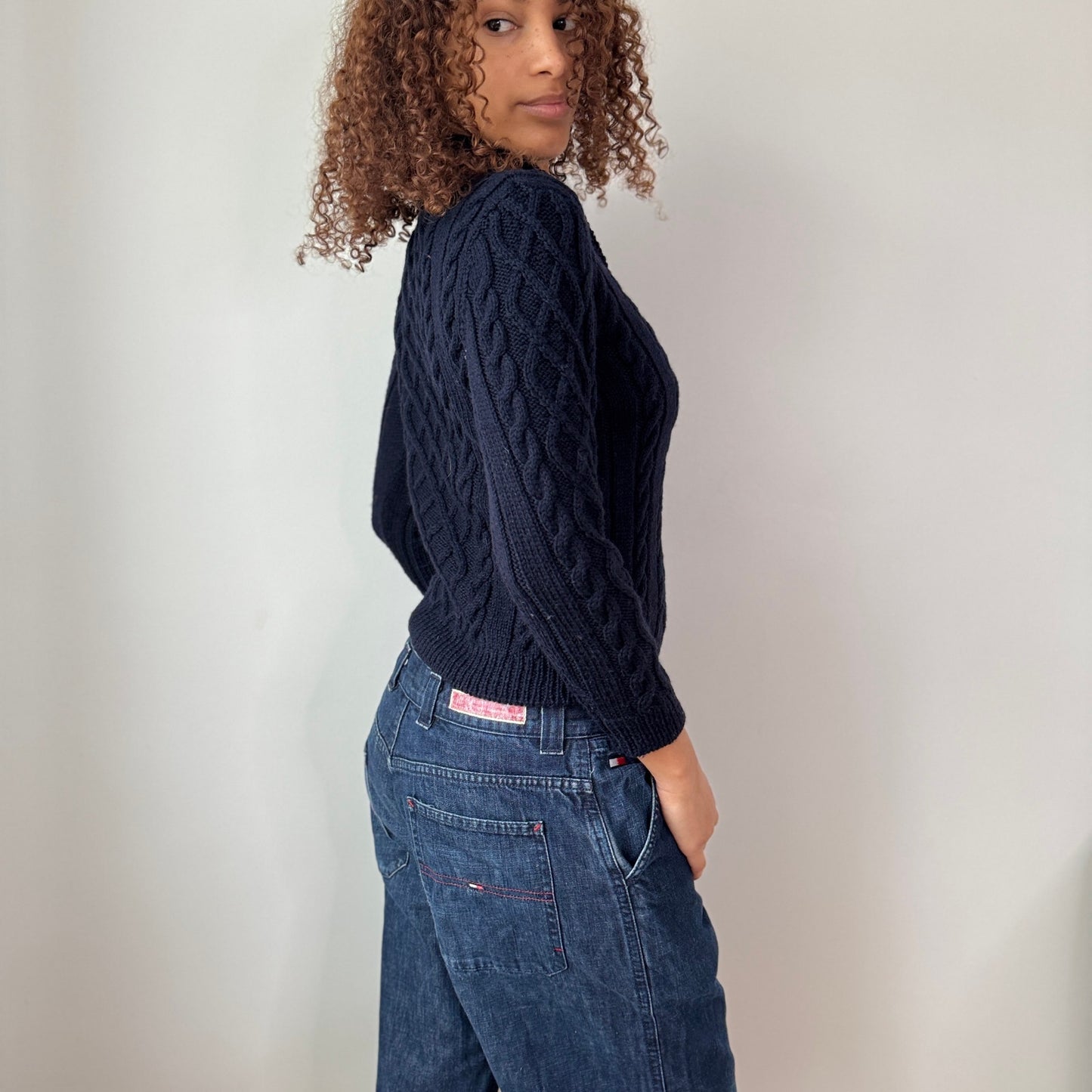 Vintage Navy Cable Knit Half Zip Sweater Wool Blend Italian Y2K (S)