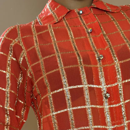 Sourced in Italy - Vintage 80s orange & gold mesh long sleeves shirt (S)