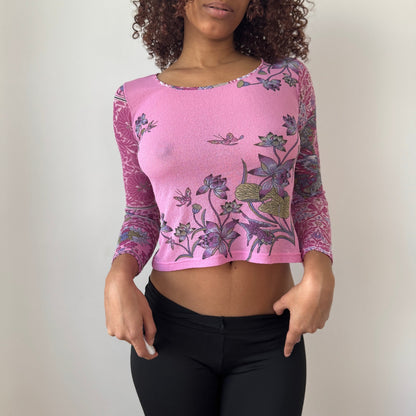 Vintage Italian Pink Floral Mesh Long Sleeve Top Semi Sheer (S)