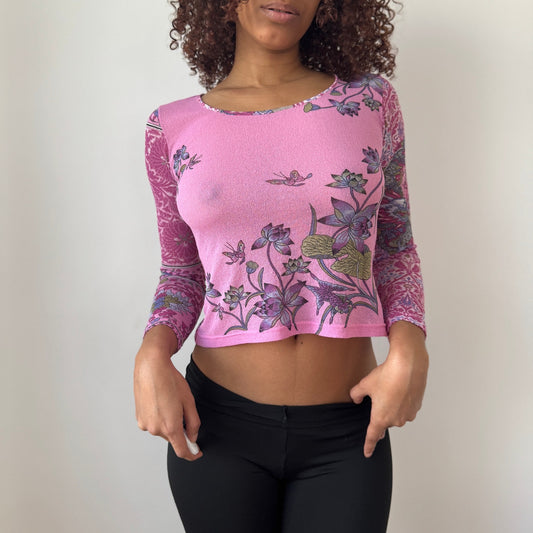 Vintage Italian Pink Floral Mesh Long Sleeve Top Semi Sheer (S)