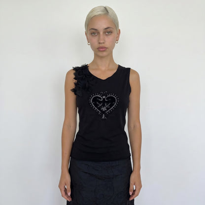 Vintage Italian Black Beaded Heart Top Sequin Embellished Y2K Sleeveless (M)