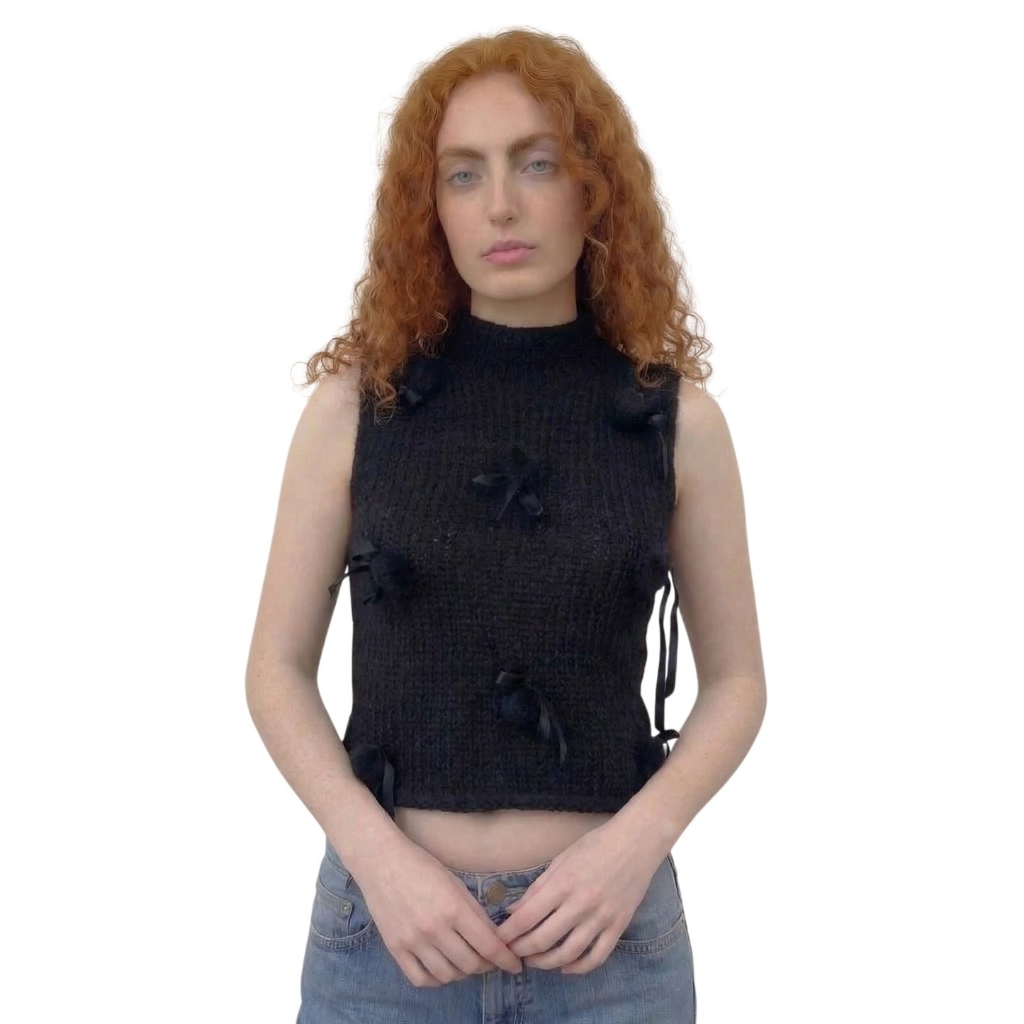 Vintage Italian black slouchy knit sleeveless top with bow appliqués (S)