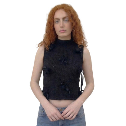 Vintage Italian black slouchy knit sleeveless top with bow appliqués (S)