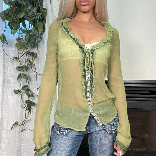 Vintage 90s Dolce & Gabbana Silk Mesh Top in Green (S-M) Made in Italy Fairy