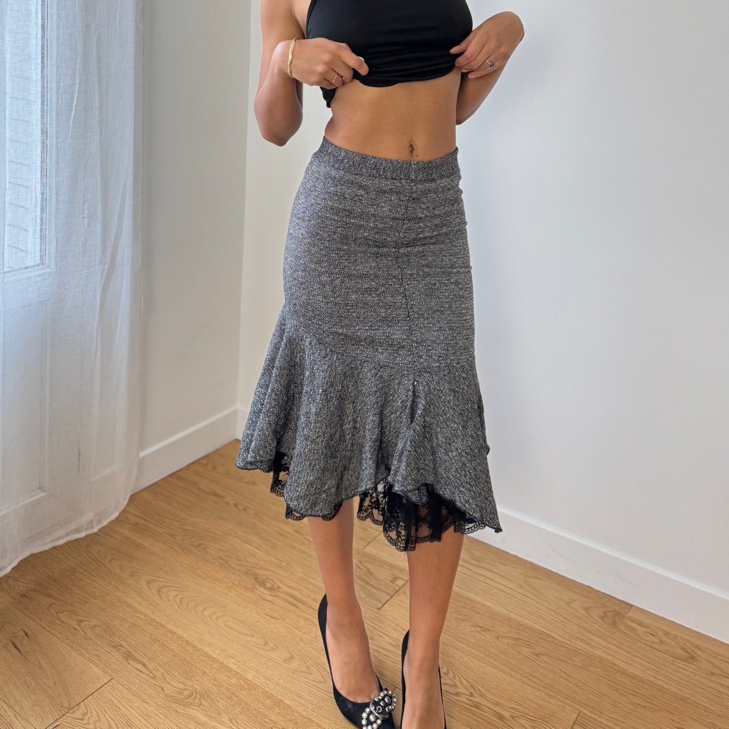 Vintage Italian grey tweed wool blend midi skirt with asymmetric flared hem and black lace underlayer (XS)