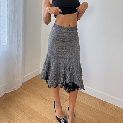 Vintage Italian grey tweed wool blend midi skirt with asymmetric flared hem and black lace underlayer (XS)