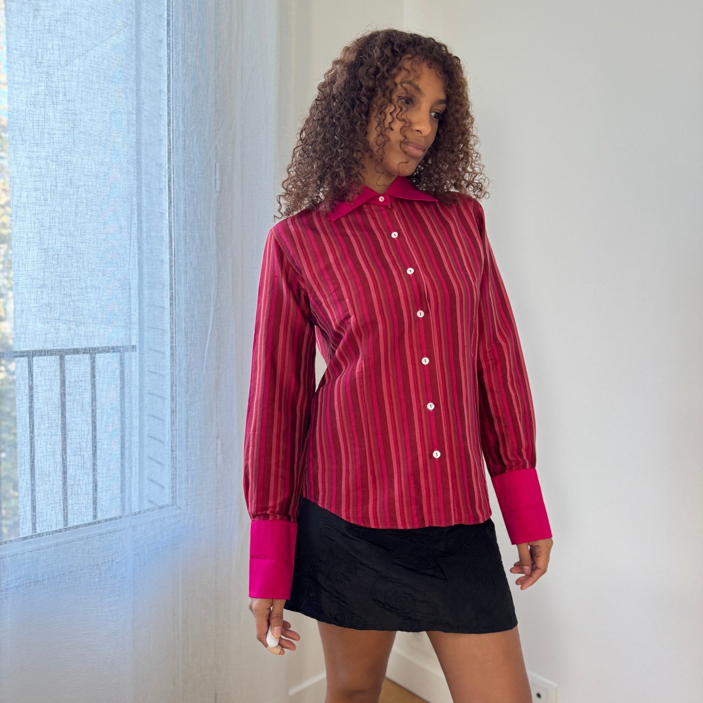 Vintage Italian fuchsia striped silk blouse (Medium)