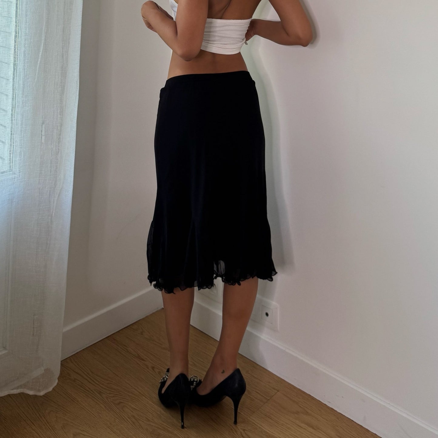 Vintage Black Mesh Ruffle Hem Midi Skirt Italian Y2K (S)