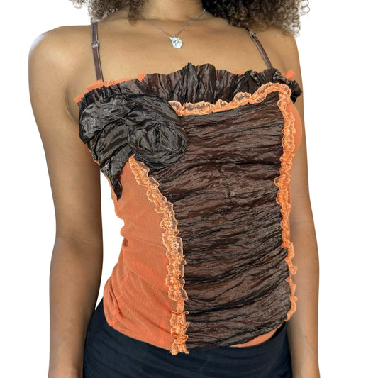 Vintage 00s brown & orange mesh & organza layered lace trimmed camisole (S)