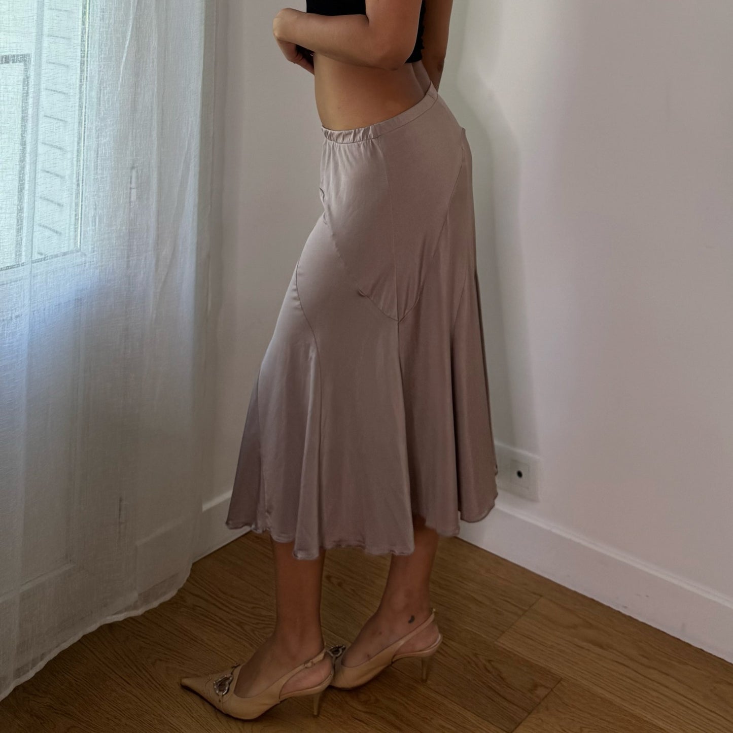 Vintage Taupe Beige Slinky Asymmetrical Midi Skirt Italian Y2K (S)