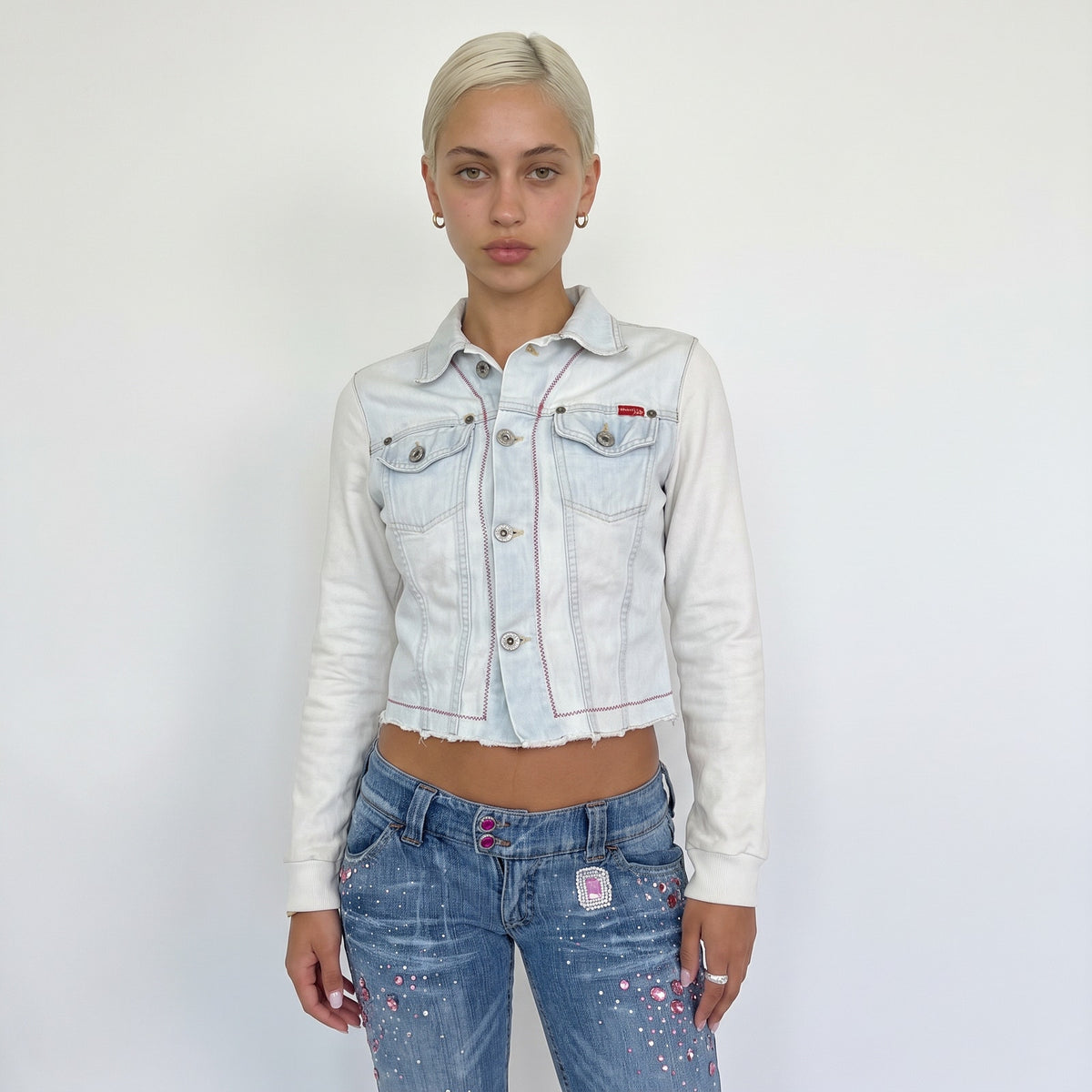 Vintage Phard White Denim Sequin Embroidered Jacket Italian Y2K (S)