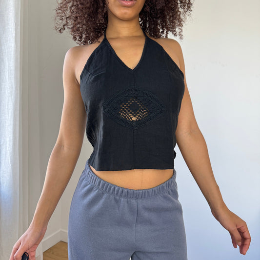 Vintage Italian Black Halter Top with Crochet Detail (Size S)