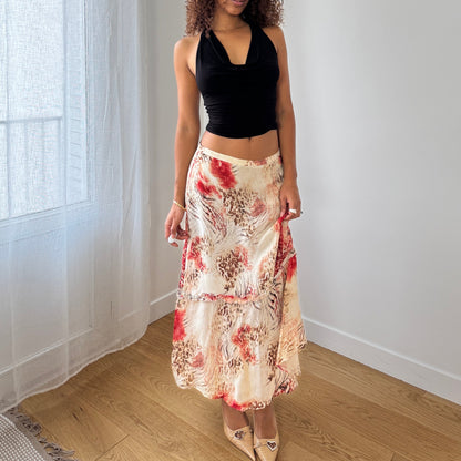 Vintage cheetah & abstract floral satin-mesh midi skirt with tiered hem (Small)