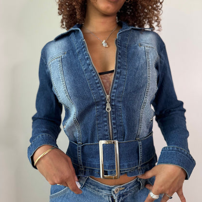 Vintage Italian Denim Belted Zip Jacket (S)