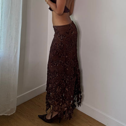 Vintage Brown Hand Beaded Silk Mesh Maxi Skirt Y2K (S)