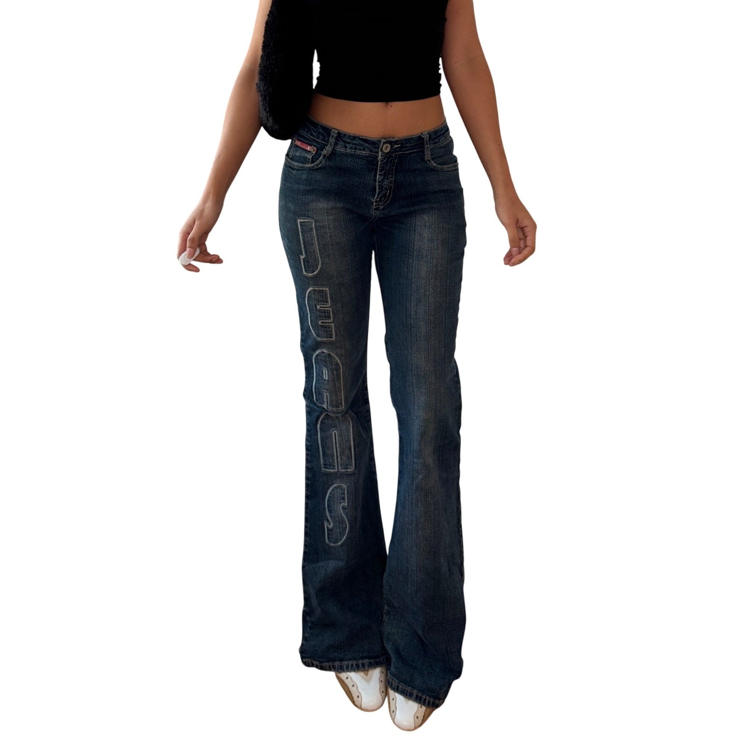 Vintage Dark Wash Denim Bootcut Jeans Logo Embroidery Low Rise Italy Y2K (S)